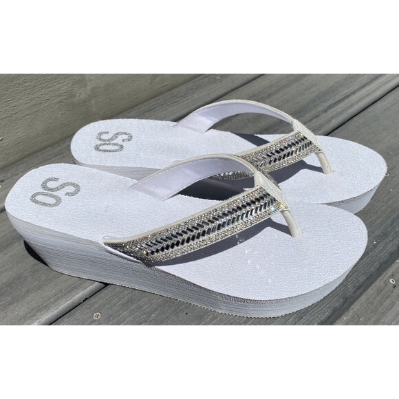SO Shoes - SO Platform Wedge Flip Flops Womens White Rhinestone Sparkly Good Y2K Sandals